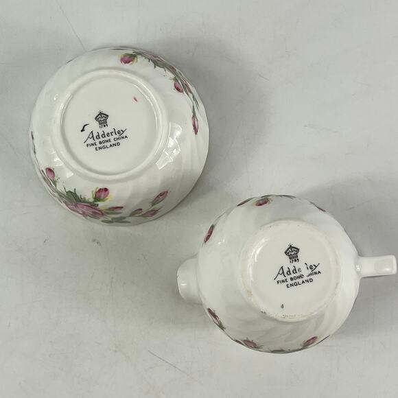 Adderley Bone China Creamer Sugar Bowl Set Pink Rose Floral England 1950s - Picture 6 of 13